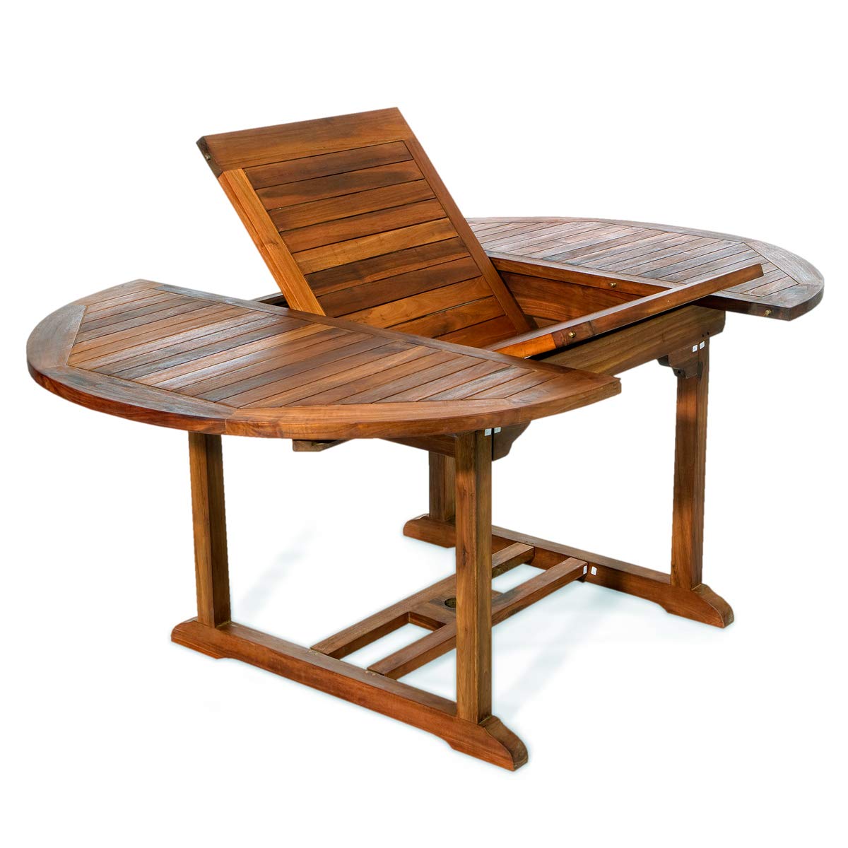All Things Cedar TE70 Teak Oval Extension Patio Outdoor Table | Handcrafted Indonesian Java Finish | Solid Brass Fittings | Hide Butterfly Extension Leaf | Umbrella Hole | 48x48x30